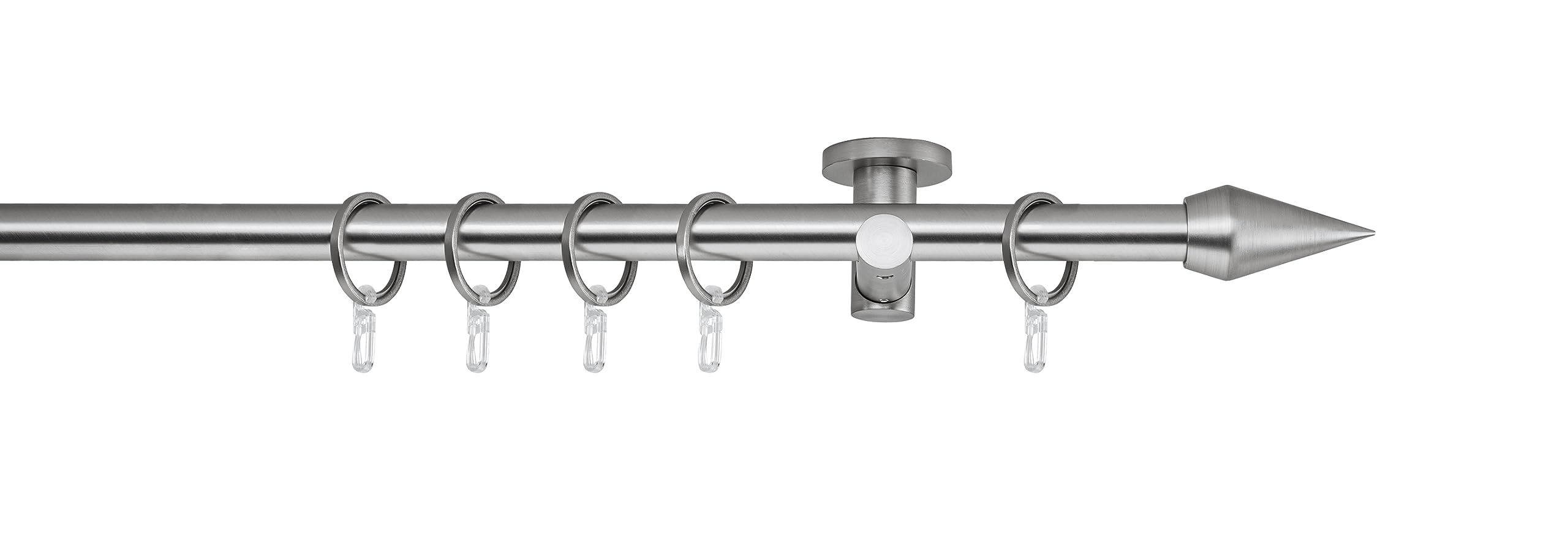 Gardinenstange auf Maß 20mm Kegel 1-lauf Vorhangstange Deckenträger 5,5cm Stilgarnitur mit Ringen für Vorhänge Edelstahl-Optik 130cm