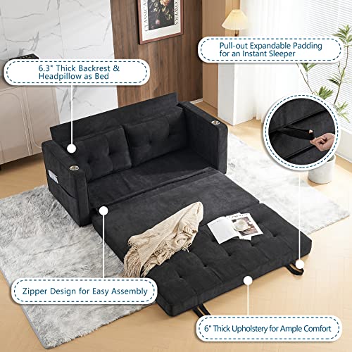 Image of VINGLI Upgraded 64 inch W 84 inch L Full Size Futon Sofa Bed, 6 inch Thick Upholstery Chenille Loveseat Sofa Sleeper Pull Out Couch,Convertible Floor Couch for Living Room, Bedroom, Entertainment Room, Black