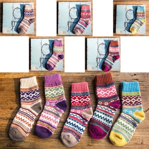 Image of HongLianMeng 5 Pairs Women Winter Warm Thick Soft Cute Vintage Wool Knit Cozy Crew Socks for Women Gifts Christmas Gifts