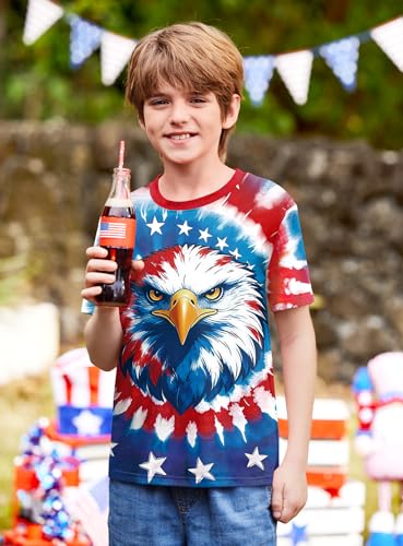 Image of BesserBay Unisex Kids 4th of July American Flag Tee Tie Dye Patriotic Short Sleeve Shirt 6-14 Years