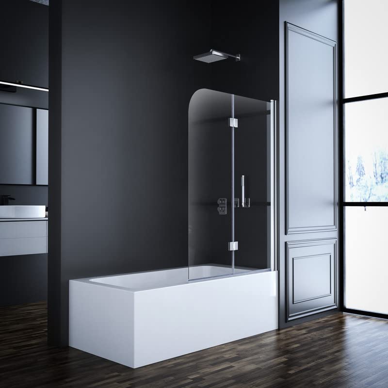 Duschwand für Badewanne 2-teilig 100x140cm Glas Duschabtrennung, Faltbar Badewannen Duschtrennwand 6mm EGS Nano Sicherheitsglas, Faltbare Badewannenaufsatz Klappbar Trennwand Badewannenfaltwand