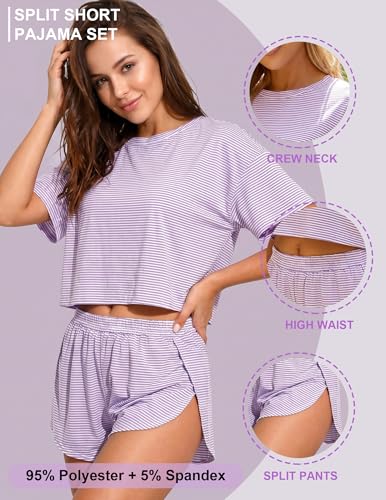 Image of Split Short Pajama Set Women's Striped Pjs with Sleeve Tee & Elastic Waist | Split-Leg Shorts Design, Soft Striped 2-Piece Lounge Set, Breathable Comfy, Travel, or Cozy Days At Home, Summer Vibes