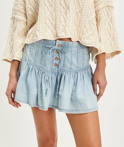 Femiserah Women's Elastic Waist Denim Pleated Mini Skirt A Line Button Ruffle Jean Short Skirt2