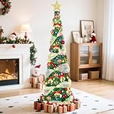 5FT Pop Up Christmas Tree with Lights, Collapsible Tinsel Pencil Christmas Tree with 8 Lighting Modes and Red Gold Decoration, Skinny Artificial Xmas Tree for Home Office Apartment Holiday Party Decor
