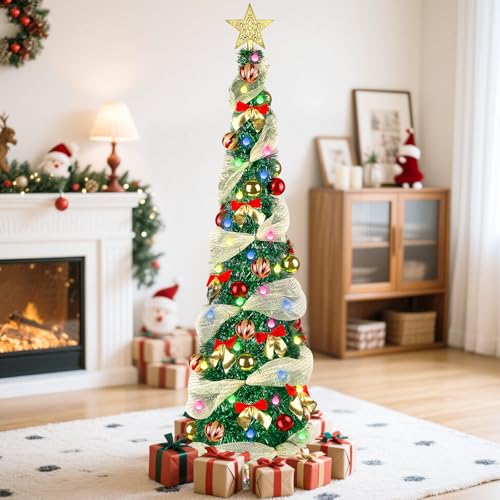 5FT Pop Up Christmas Tree with Lights, Collapsible Tinsel Pencil Christmas Tree with 8 Lighting Modes and Red Gold Decoration, Skinny Artificial Xmas Tree for Home Office Apartment Holiday Party Decor