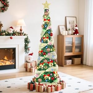 5FT Pop Up Christmas Tree with Lights, Collapsible Tinsel Pencil Christmas Tree with 8 Lighting Modes and Red Gold Decoration, Skinny Artificial Xmas Tree for Home Office Apartment Holiday Party Decor