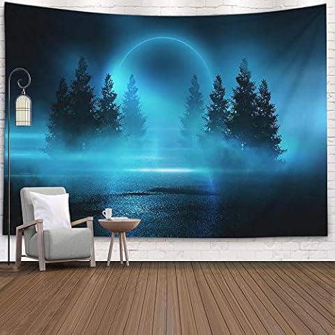 EMMTEEY Magical Forest Tapestry Moonlight Shine Dark Natural Scene with Reflection of in the Water Neon Blue Blue Tapestry 80X60 Tapestry Cover
