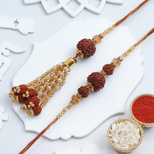 Image of eCraftIndia Rudraksha Designer Bhaiya Bhabhi Rakhis with Best Bro Ever Fridge Magnet | Set of 2 Rakhi for Brother and Bhabhi | Lumba Rakhi | Roli Chawal Pack