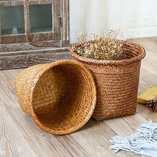 Milisten 2Pcs Seagrass Waste Basket Woven Storage Basket Trash Can Wicker Garbage Bin Container Rattan Laundry Hamper Planter Pot For Rubbish Office Organizer #TOP7