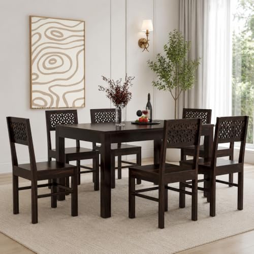 Image of Solid Sheesham Wood Dining Table Set 6 Seater | Six Seater Wooden Dining Table with 6 Chairs for Living Room, Home, Hotel & Restaurant | Walnut Finish