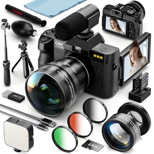 8K Digital Cameras for Photography, 64MP Vlogging Camera with 180°Flip Screen，2 Batteries, 64GB TF Card，16X Zoom, WiFi, 3 Color Filters,Microphone, Tripod, Wide & Macro Lens Kit