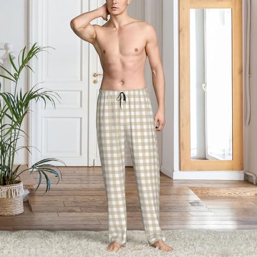 Mens Pajama Pants Bottoms with Pockets - White Beige Twill Stripe Plaid Comfy Mens Pj Pants, Soft Mens Lounge Pants3