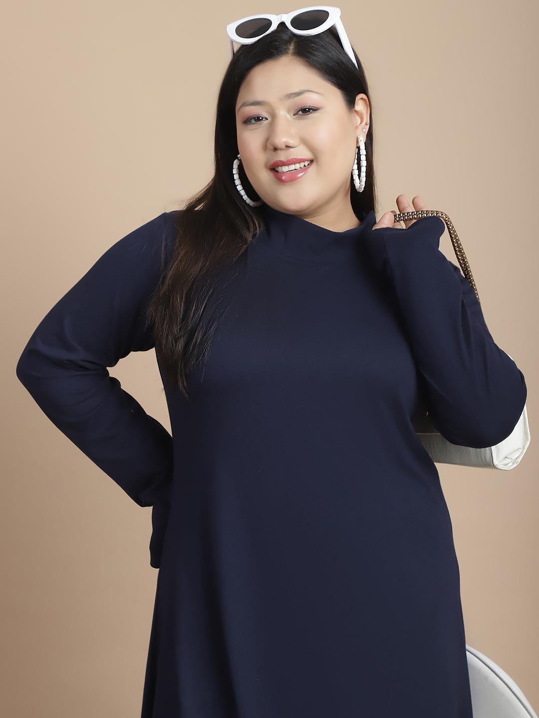 Rigo Cotton Plus Size Bodycon Midi Dress For Women | Slim Fit Full Sleeves Plus Size Women's One Piece Dress | Casual | Party | Western Midi Dress For Women Navy Blue