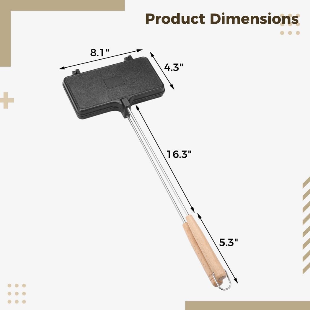 Double Pie Iron for Outdoor Cooking, Long Handle Campfire Sandwich Cooker with Removable Handles, Portable Mountain Pie Maker for Grills and Fires