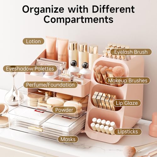 Image of UFORU Makeup Organizer for Vanity with Brush Holder, Large Capacity Bathroom Countertop Skincare Organizer with 2 Drawers, Cosmetic Display Case for Perfumes, Eyeshadow Palettes, Nail Polishes