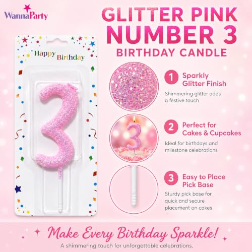 Image of Wanna Party Glitter Designer Pink Number 3 Birthday Candle, Numerical Cake Candle for 3rd Birthday, Cake Cutting, Party Decoration & Celebration Supplies - 1PC