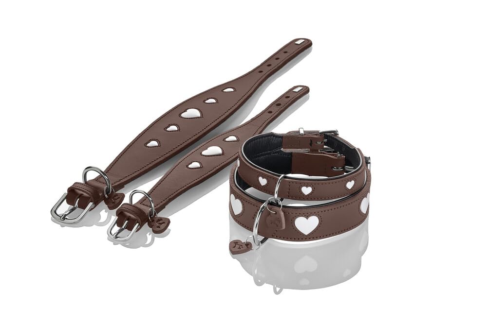 HUNTER Windhundhalsband Love, Farbe: braun/schwarz, weiches, Robustes Rindsleder, einzeln eingenähte Herzen, breitere Form, gepolstert, hoher, Made in Germany, Größe 52
