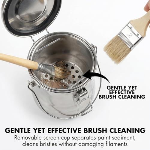 Image of Stainless Steel Paint Brush Washer, Leak-Proof Brush Cleaner with Airtight Clip Lid, Rubber Seal and Removable Filter Screen, Portable Brush Cleaning Pot for Oil, Acrylic, Watercolor Painting