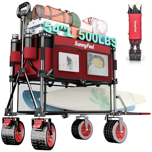 SUNNYFEEL Double Decker Folding Wagon Cart - 500lbs Heavy Duty Collapsible Utility Wagon with All...