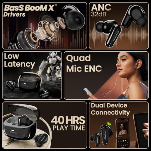 Image of ACwO DwOTS 757 Bass Boom X Drivers | ANC 32dB | AI-ENC 4-Mic | 3 EQ Modes | 40ms Low Latency | 40H Playtime | Quick Boost 10min=120min | Auto Connect | BT v5.4 | IPX5 Resistant (Jet Black)