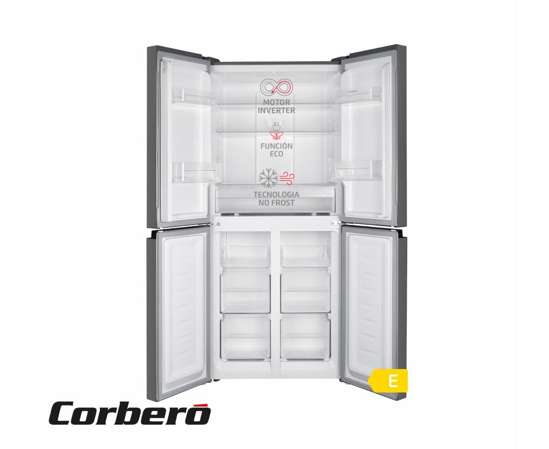 Corberó - Frigorífico 4 Puertas | CF4PH4823NFX | No Frost | Inverter | 362L | 180 cm | Display Puerta | Fresh Box | Crisper | Fresh Box Convertible | Estantes de Cristal | Función Eco | Inox