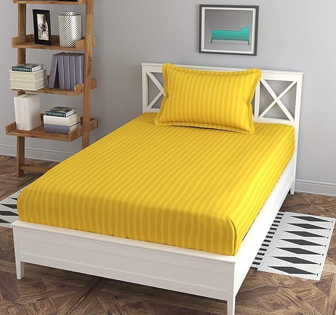 Image of DECOR2ADMIRE 300 TC Premium Glace Cotton All Round Elastic Fitted Plain Stripe Pastel Shades Queen Size Bedsheet with 2 Pillow Covers (Yellow, Single 60 inch x 90 inch)
