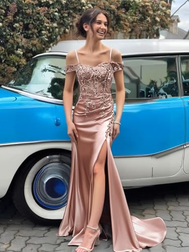 Mermaid Satin Sequin Prom Dresses for Women Corset Lace Applique Off Shoulder Formal Evening Gown with Slit2