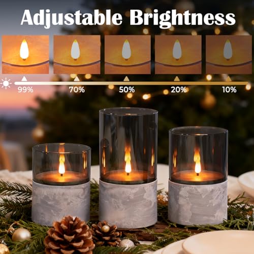 Image of LEDHOLYT Rechargeable Marble Flameless Candles, Gray Glass LED Pillar Candle with Remote & Timer,Decorative Candles for Living Room, Bedroom, Holiday Decor & Gifts for Women,Set of 3