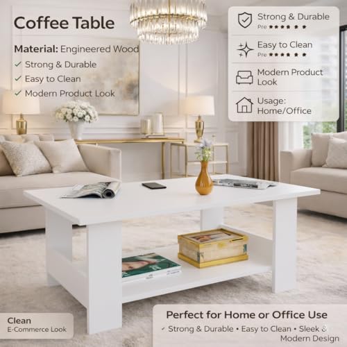 Image of Spyder Craft Modern Coffee Table with Open Storage Shelf - Minimalist Rectangular Center Table for Living Room, Office, and Lounge - Durable Engineered Wood, Easy Assembly (White) (Assembly -DIY)