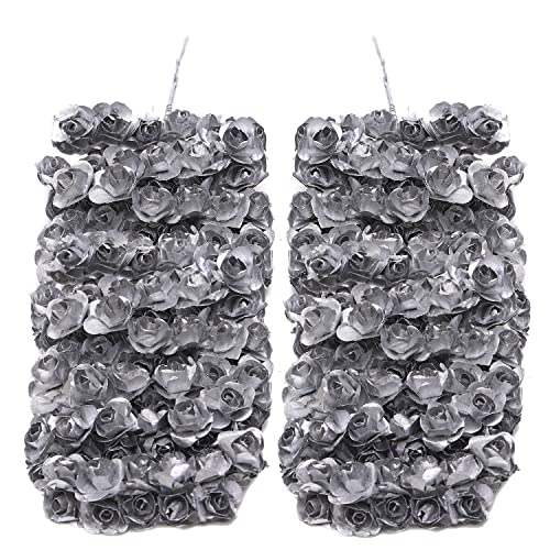 144pcs Mulberry Paper Mini Roses Artificial Flowers Heads with Stems for DIY Crafts Accessories Make Bridal Hair Clips Headbands Dress Wedding Bridal Bouquets Party Home Decor Valentine's (Silver)