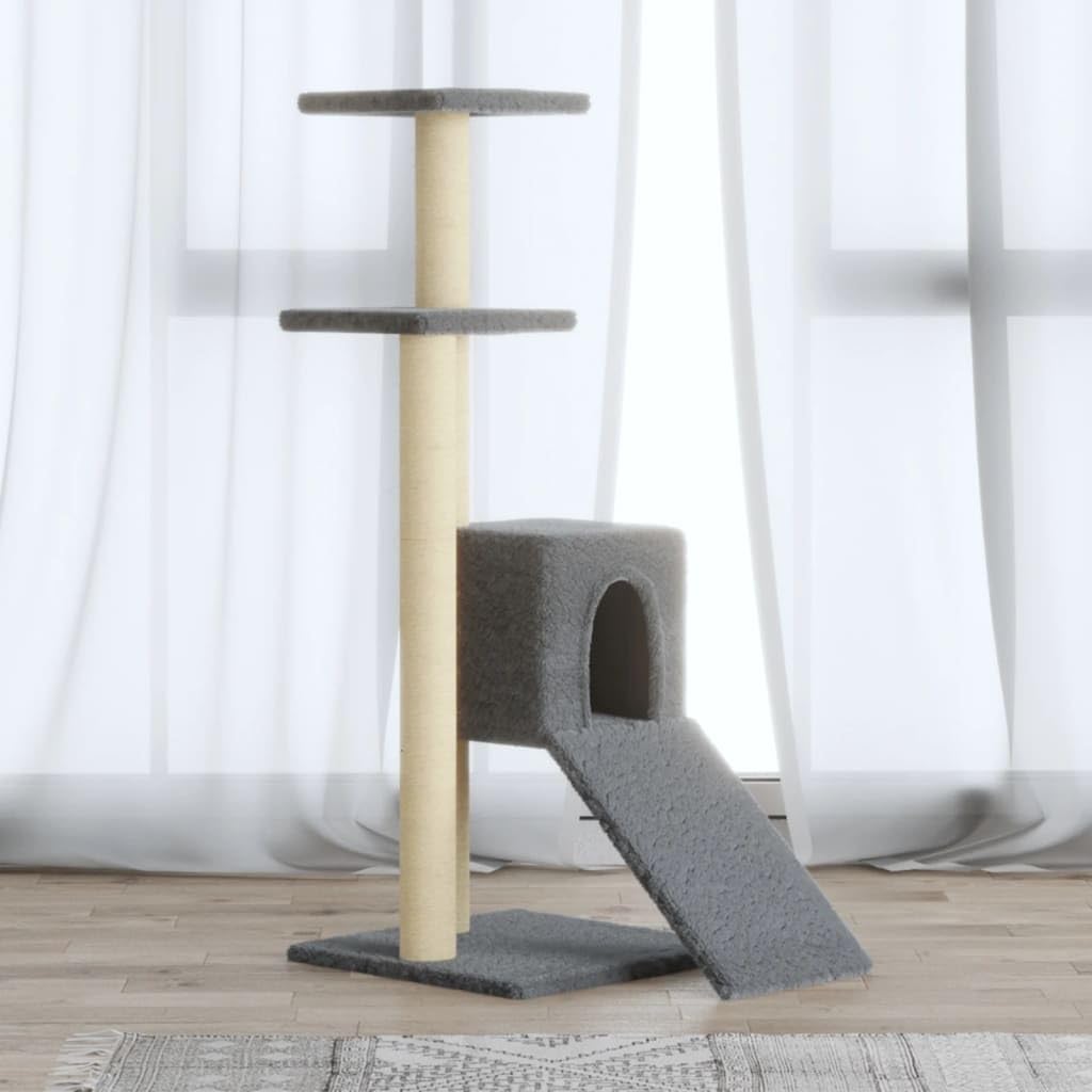 Rascador de 92 cm con pilares rascadores de sisal y casa para gatos, color gris claro | Árbol de escalada compacto para el salón con cueva de peluche, rampa de escalada y plataforma de observación para gatos.