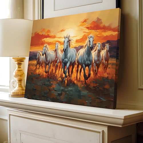 Image of PAINTINGMANTRA Seven White Running Horses Field Wall Art Vastu Feng Shui Multicolor | Canvas Painting Stretched on Wood | Suits For Vastu-Friendly Place, Living Room, Bedroom, Hallways (16x22 Inch)