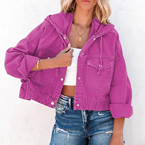 Veste jean violette à capuche boutonnée ample décontractée femme