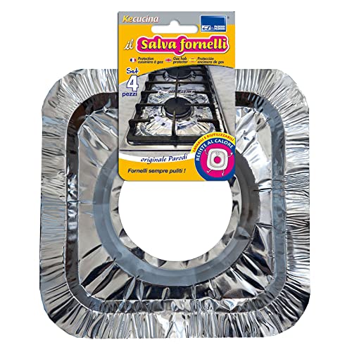 PARODI & PARODI - Protector de aluminio para encimera de gas, reutilizable, ignífugo, evita la suciedad en los quemadores, accesorios para el hogar, juego de 4 piezas, 21,5 x 21,5 pulgadas, universal