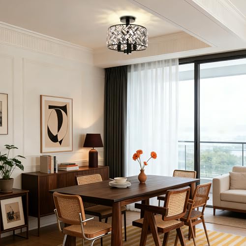 Image of FRIDEKO HOME Black Crystal Ceiling Light - 3-Light Light Fixture Ceiling Mount Semi Flush Mount Ceiling Lights for Kitchen Bedroom Hallway Living Room Dining Room（3 Light-Black）