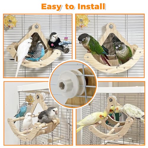 Image of Rocking Bird Perch Toy with Mirror for Cage, Enrichment Parakeet Toys | Wood Exercise Wheel Cockatiel Toys, Birds Enrichment Toy for Parrot, Interactive Cage Accessories Perch for Budgie Conure