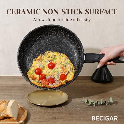 BECIGAR 21PCS ceramic cookware set,Nonstick ceramic pan, Removable Handle pots and pans set, Stackable Set, Nonstick Pots and Pans Non Stick(Black) - Image 3
