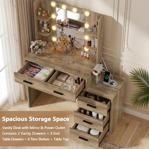 Image of Furmax Makeup Vanity Desk with Mirror and Power Outlet, Vanity with 3 Color Light Options Adjustable Brightness, Vanity Table with 5 Drawers, 6 Storage Shelves, Nightstands (Rustic Oak)
