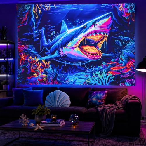 Image of BlissYard Shark Ocean Blacklight Tapestry Glow In The Dark UV Reactive Wall Hanging With Neon Coral Psychedelic Horror Poster Black Light Tapestries For Bedroom Party Decor 78x59 Inch