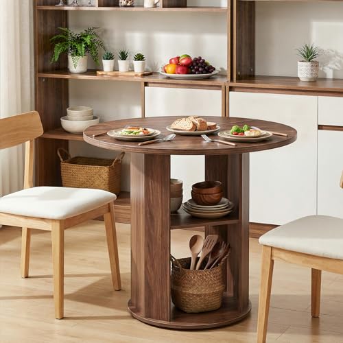 MAHANCRIS 31.5' Round Dining Table with Storage Shelf for 2-3, Circle Kitchen Dinner Table with Thick Tabletop, for Small Spaces, Circle Nook Table for Kitchen & Dining Room, Walnut DTWA8501
