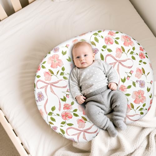 Image of TANOFAR Nursing Pillow Cover, Stretchy Removable Breastfeeding Pillow Cover, Ultra Soft Snug Fits On Newborn Feeding Pillow Case for Baby Girls, Pink Bow