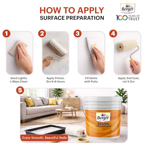 Image of BERGER Bison Interior Emulsion Paint for Walls and Ceilings with Anti-Fading Properties Acrylic Based Washable & Durable Rich Smooth Matt Finish (10Ltr, White)