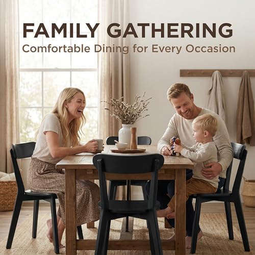 Image of HNY Farmhouse Solid Wood Dining Chairs Set of 4, Mid Century Modern Armless Kitchen & Dining Room Chairs with Curved Back, 300 LBS Capacity, Black for Home, Apartment