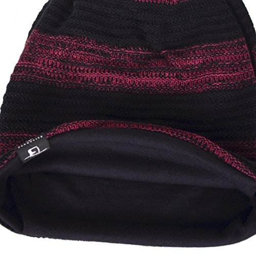 VECRY Mens Slouchy Beanie Knit Skull Cap Long Baggy Hip-hop Winter Summer Hat B305 (Retro-Black&Claret) - Thumbnail 2