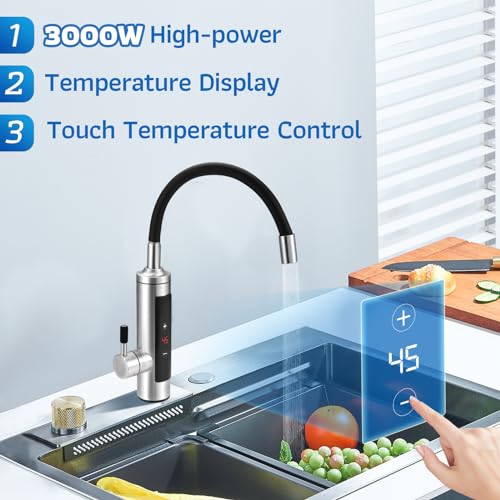 Sofortiger Elektrischer Warmwasserhahn mit LED-Digitalanzeige/720°-Drehung/Touch-Temperatureinstellung/mit Universalschlauch, Wasserhahn-Warmwasserbereiter für Bad und Küche