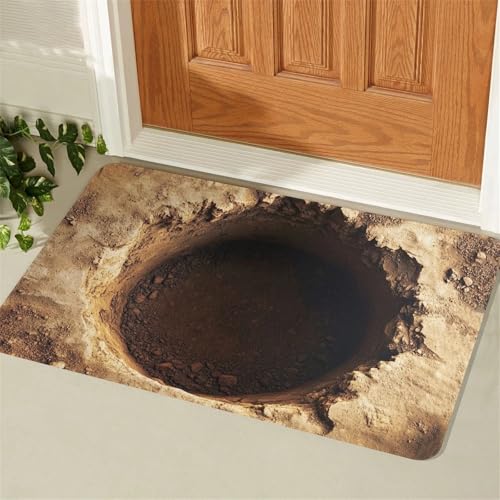 3D Hole Optical Area Rug, Cracked Stone Visual Pattern, 18x30