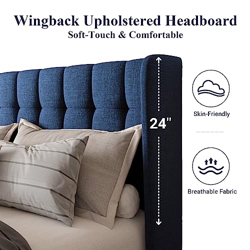 Allewie King Size Platform Bed Frame With Wingback, Upholstered Square Stitched Headboard And Wooden Slats, Mattress Foundation, Box Spring Optional, Easy Assembly, Dark Blue #TOP3