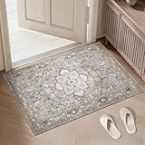 PURRUGS Vintage Farmhouse Boho Throw Rug 2x3 ft, Non-Slip Machine Washable Rug, Accent Oriental Area Rug for Entryway, Kitchen, Bedroom, Living Room and Dining Room, Taupe/Vanilla