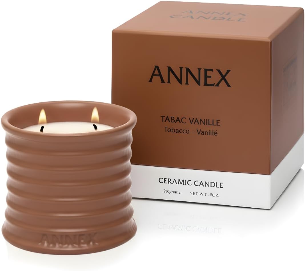 Annex Tobacco, Vanilla & Amber Luxury Scented Candle - 8oz Handmade Ceramic Jar Candle - 50hr Clean Burn, 100% Non-Toxic Soy Wax, Aesthetic Home Decor Winter Gift for Men & Women - Oud & Sandalwood