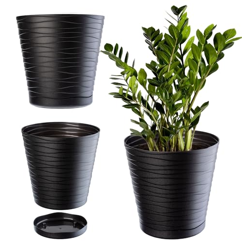 KADAX Pot de Fleurs en Plastique avec Soucoupe Incorporée, Pot de Plantes avec Conception Raffinée pour la Décoration d'Intérieur (25 cm, Noir)